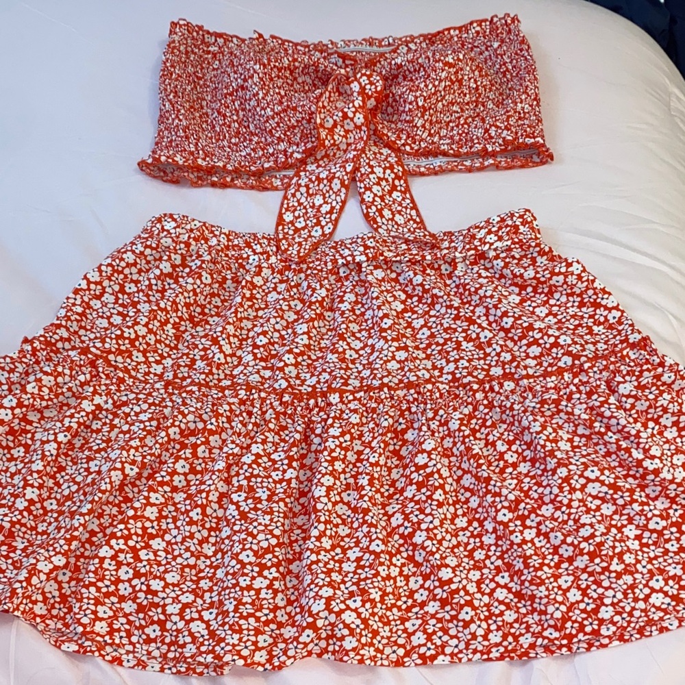 SHEIN Red Floral Strapless Crop Top and Skirt Set Trendy